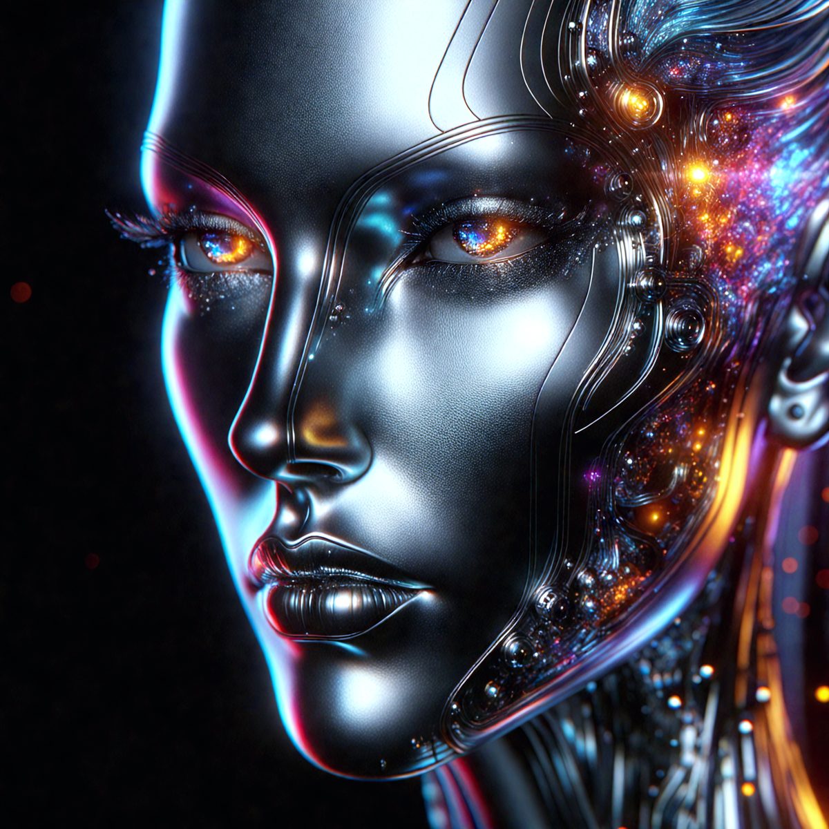 The primary subject of the image is a futuristic robotic face with a blue and purple hue. The setting is a dark background, which contrasts with the bright colors of the robotic face. The visual style is a digital art or illustration, creating a surreal and intriguing atmosphere. The colors and mood of the image are predominantly blue and purple, giving the robotic face a sense of mystery and otherworldliness.